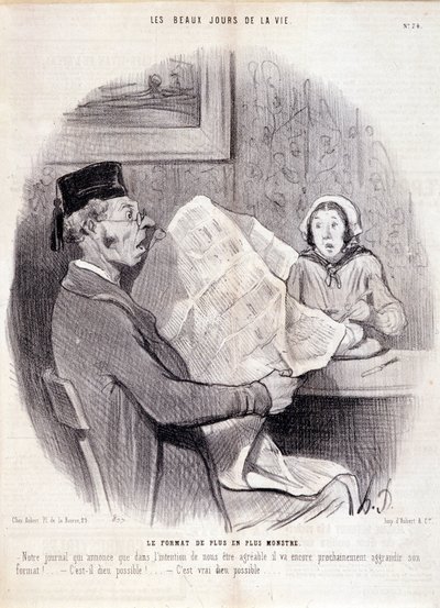 Karikatur über die Presse. Serie „Die schönen Tage des Lebens“: „Das immer monströsere Format...“. Gravur von Honore Daumier (1808-1879). Auszug aus der Zeitung „Le Charivari“ vom 18. Oktober von Honoré Daumier