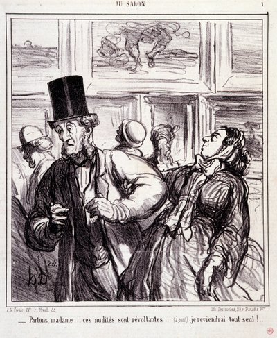 Karikatur über Kunstliebhaber. Serie „Im Salon“: „Lass uns gehen, Madam... diese Nacktheiten sind empörend... ich werde allein zurückkehren“ von Honoré Daumier