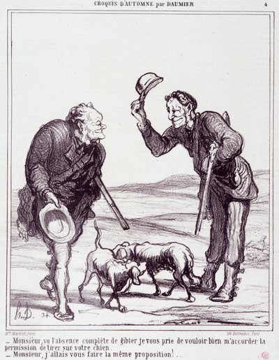 Karikatur über Jäger: Serie „Herbstskizze“: „Sir, angesichts des völligen Fehlens von Wild, bitte gewähren Sie mir die Erlaubnis, Ihren Hund zu erschießen...“ von Honoré Daumier