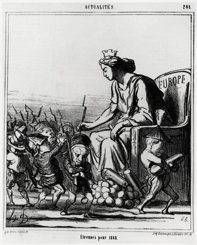 Europa: fremd für 1868. Europa verteilt Gewehre und Kanonen an jeden Vertreter der Länder, erkennbar an ihrem Hut. Illustration von Honore Daumier (1808-1879), veröffentlicht in den Nachrichten, „Charivari“, datiert 23. Dezember 1867 von Honoré Daumier