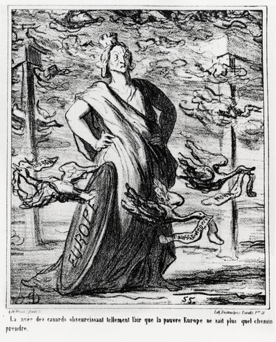 Europa: die Wolke von Enten verdunkelt die Luft so sehr, dass das arme Europa nicht mehr weiß, welchen Weg es nehmen soll. Illustration von Honore Daumier (1808-1879), veröffentlicht in den Nachrichten, „Charivari“, datiert 22. Oktober von Honoré Daumier
