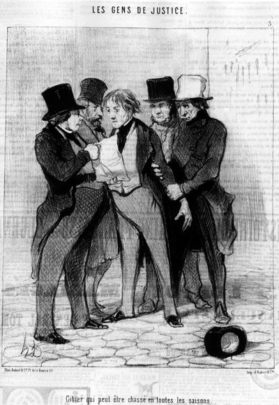 Spiel, das in allen Jahreszeiten gejagt werden kann, aus der Serie „Gens de Justice“, Karikaturen über die Justiz von Honore Daumier (1808-1879). „Charivari“ von Honoré Daumier