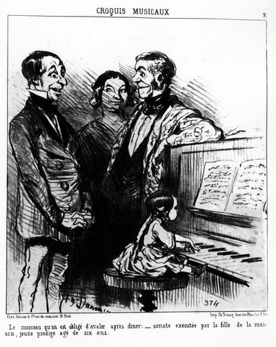 Musikalische Skizzen: das Lied, das man nach dem Abendessen schlucken muss: Sonate, ausgeführt von der Tochter des Hauses, einem jungen Wunderkind im Alter von sechs Jahren. Illustration von Honore Daumier (1808-1879), veröffentlicht in „Charivari“, datier von Honoré Daumier