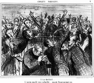 Auf der Börse, was man einen Korb nennt, keine Blumen auf jeden Fall: Serie von Karikaturen über die Börse von Honore Daumier (1808-1879). „Charivari“ von Honoré Daumier