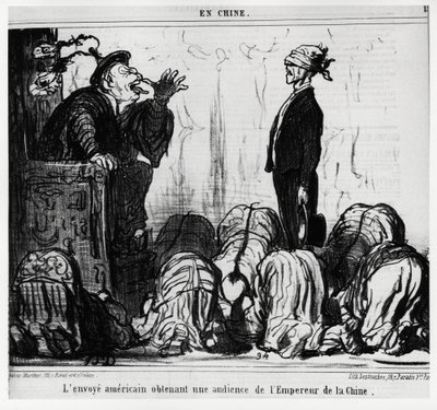 Der amerikanische Gesandte erhält eine Audienz beim Kaiser von China. In der Serie En Chine, Illustration von Honoré Daumier (1808-1879), veröffentlicht in Charivari, datiert 21. Oktober von Honoré Daumier