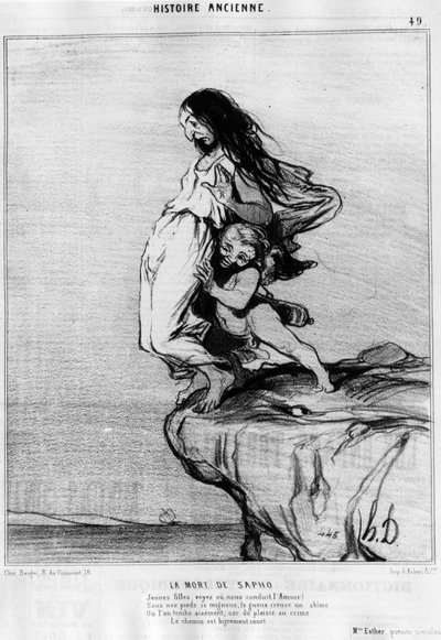 Der Tod von Sapho (Sappho). „Junge Dame, sieh oder führe uns die Liebe! Unter unseren Füßen so süß, gräbt der Gueux einen Abgrund, in den wir leicht fallen; denn vom Vergnügen zum Verbrechen ist der Weg sehr kurz.“ Serie „Histoire ancienne“, Karikatur von  von Honoré Daumier