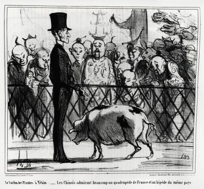 Der Garten der Pflanzen in Peking: die Chinesen bewundern ein vierfüßiges Tier aus Frankreich und ein Piepsen aus demselben Land. Illustration von Honoré Daumier (1808-1879), veröffentlicht in Charivari, China Actualités von Honoré Daumier