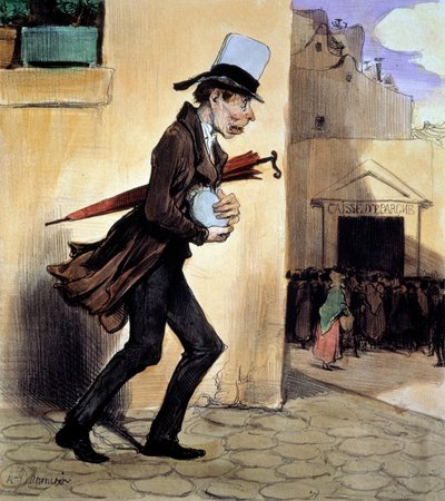 Die Sparsamkeit bringt ihre Ersparnisse zur Sparkasse. Lithographie von Honore Daumier von Honoré Daumier