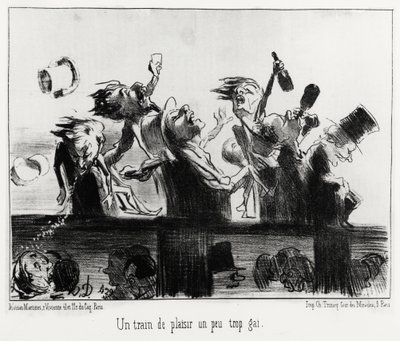 Ein etwas zu fröhlicher Vergnügungszug, in der Serie Die Eisenbahnen, Illustration von Honore Daumier (1808-1879), veröffentlicht in „Charivari“, datiert 20. August 1852 von Honoré Daumier