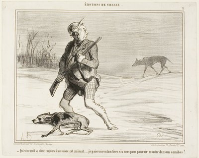 "- Ich frage mich, warum dieses Biest mir die ganze Zeit folgt... Ich zahle gerne 6 Sous, um in einen Bus zu steigen," Tafel 1 aus Émotions De Chasse von Honoré Victorin Daumier