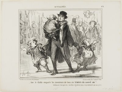 „- Möge der Teufel den Erfinder all dieser Neujahrsgeschenke holen!“ Reflexion eines sensiblen, großzügigen, aber gequälten Pariser Vaters, Platte 476 aus Actualités von Honoré Victorin Daumier