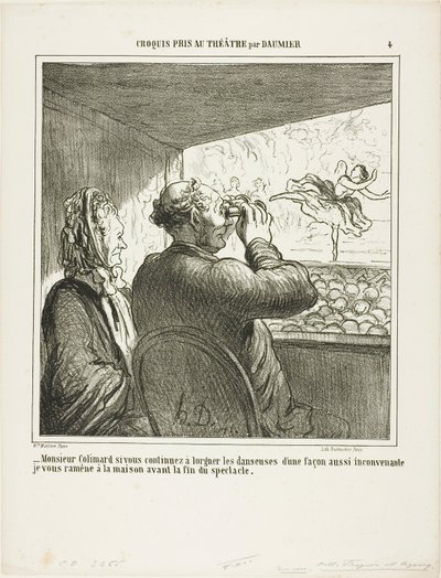„- Herr Colimard, wenn Sie nicht sofort aufhören, die Tänzerinnen auf so ungehörige Weise anzustarren, werde ich Sie vor Ende der Vorstellung nach Hause bringen!“, Platte 4 aus Croquis Pris Au Théâtre par Daumier von Honoré Victorin Daumier