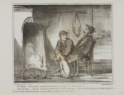 „- Und jetzt? Jagen wir weiter im Regen? - Keineswegs! Die Tiere haben genauso Angst vor dem Regen wie wir. Sie könnten diesen Unterschlupf nicht finden, und wir würden zu viele von ihnen verlieren!“, Platte 5 aus Croquis De Chasse von Honoré Victorin Daumier