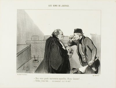 „- Heute sollte eine großartige Vorstellung sein, Herr Galuchet... - Das denke ich auch... Ein Mordfall mit einer Vergewaltigung...“, Platte 31 aus Les Gens De Justice von Honoré Victorin Daumier