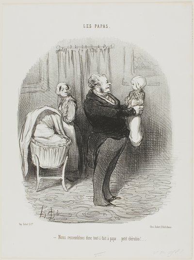 „- Wir sehen wirklich aus wie Papa, nicht wahr... kleiner Cherub!,“ Platte 14 aus Les Papas von Honoré Victorin Daumier