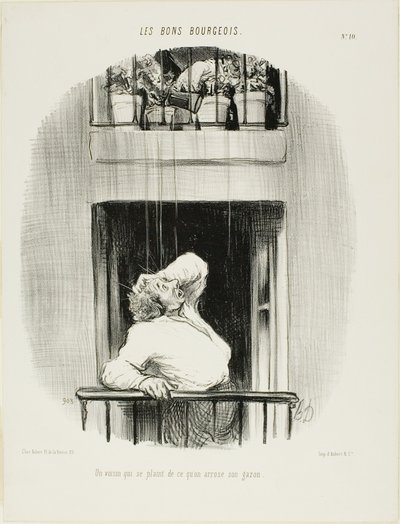 Ein Nachbar beschwert sich über das Bewässern seines Rasens, Platte zehn aus Les Bons Bourgeois von Honoré Victorin Daumier