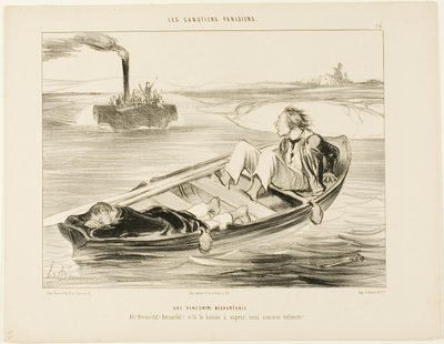 Eine unangenehme Begegnung. „Bernardel, Bernardel! Hier kommt der Dampfer... wir werden sinken!“, Platte 16 aus Les Canotiers Parisiens von Honoré Victorin Daumier