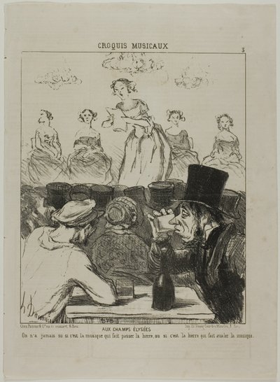 Auf den Champs-Elysées. Es war nie ganz klar, ob die Musik das Bier hinuntergehen lässt oder das Bier, das die Musik schlucken lässt, Platte 3 aus Croquis Musicaux von Honoré Victorin Daumier