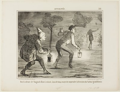 Gärtner von Nanterre schleichen sich um Mitternacht auf Zehenspitzen zum Kaktus grandiflorus, um ihn beim Blühen zu überraschen, Platte 323 aus Actualités von Honoré Victorin Daumier