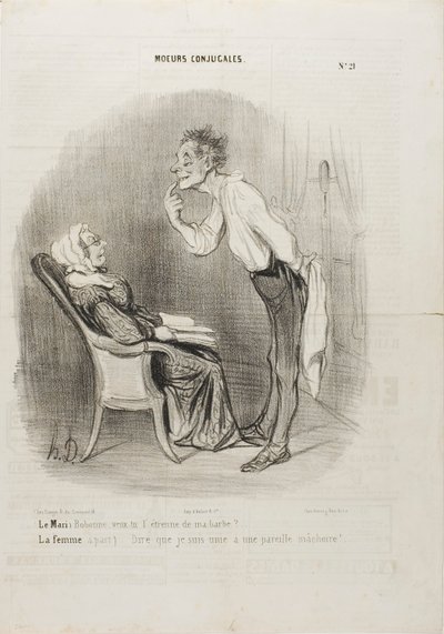 Ehemann: „Meine Liebe, wie wäre es mit einem ersten Kuss auf meinem Kinn?“ Die Ehefrau (beiseite): „Zu denken, dass ich mit diesem Gesicht verheiratet bin!“, Platte 21 aus Moeurs Conjugalesa von Honoré Victorin Daumier