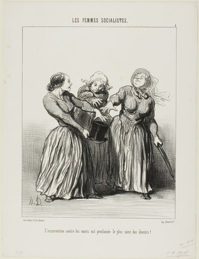 Aufstand gegen Ehemänner wird als erste und heiligste Pflicht im Leben verkündet!, Platte 1 aus Les Femmes Socialistes von Honoré Victorin Daumier