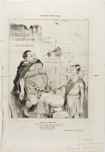 Marius in Karthago. Soldat, sage dem Senat, dass ich in meinem edlen Armut eine Ruine als Stuhl genommen habe. Und wenn ich in Sylla wäre, würde ich nicht hier sitzen. (Wortspiel zugeschrieben M. Cousin), Platte 35 aus Histoire Ancienne von Honoré Victorin Daumier