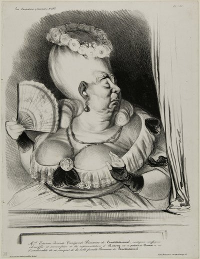 Miss Etienne-Mona-Lisa-Cunégonde-Silly Goose des Constitutionnel, empört, erstickend und übermäßig verziert bei der Aufführung von Anthony, in der der schelmische Dumas die Unanständigkeit hatte, über die edle Familie Silly Goose des Constitutionnel zu spo von Honoré Victorin Daumier