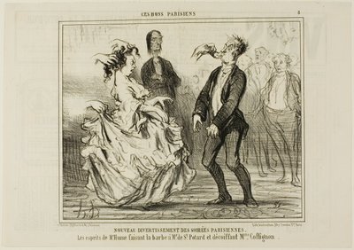 Neue Unterhaltung bei den Pariser Abendgesellschaften. Der Geist von Herrn Hume rasiert den Bart von Monsieur de St. Potard und löst das Haar von Madame Coffignon, Tafel 8 aus Ces Bons Parisiens von Honoré Victorin Daumier