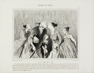 Neujahrstag. Die Chinesen, einer alten und respektablen Tradition folgend, die von einem Konditor erfunden wurde, beginnen das Jahr stets damit, allen ihren Bekannten Kastanien und andere kleine Geschenke anzubieten. Sie küssen sich mit gespitzten Lippen,  von Honoré Victorin Daumier
