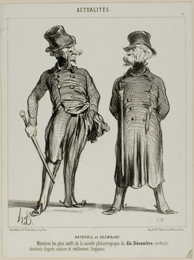 Ratapoil und Casmajou. Die aktivsten Mitglieder der philanthropischen Gesellschaft vom 10. Dezember: Die Porträts sind nach der Natur gezeichnet und von auffallender Ähnlichkeit, Platte sechs aus Actualités von Honoré Victorin Daumier
