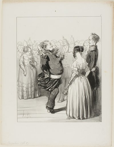 Rifolard eröffnet den Ball und führt einen kühnen Tanzschritt aus, der weithin gelobt wird, Platte 5 aus Les Banqueteurs von Honoré Victorin Daumier