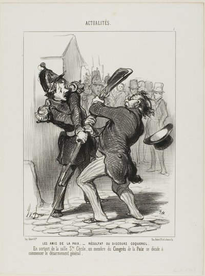 Die Freunde des Friedens - Ergebnis einer Rede von Coquerel. Beim Verlassen der Station Saint Cécilia beschloss ein Mitglied des Friedenskongresses, die allgemeine Abrüstung zu beginnen, Tafel 7 aus Actualités von Honoré Victorin Daumier