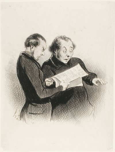 Das illustrierte Rebus. „- Seltsam! Ich kann das Rebus im heutigen Charivari nicht erraten! - Ich glaube, ich habe ein Wort - Ich habe mehrere Wörter - Ich habe alles! Ich muss es meiner Frau erzählen,“ Tafel 39 aus Les Beaux Jours De La Vie von Honoré Victorin Daumier