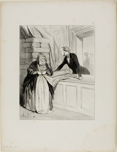 Der Schwindel des Verkäufers. Ein Design aus der Mode. "Diese Art Stoff hat einen wunderbaren Farbton; Madame ist die Erste, der ich es gezeigt habe.... alle unsere jungen Frauen werden sich darum reißen. Was für ein charmantes Design.... es würde wunderba von Honoré Victorin Daumier