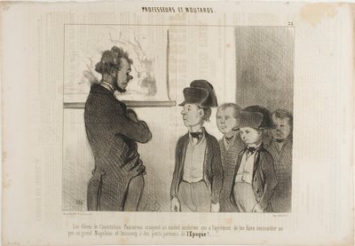 Die Schüler des Instituts Pascareau probieren ihre neue Schuluniform, die sie ein wenig wie den großen Napoleon und sehr wie kleine Zeitungsjungen aussehen lässt, Platte 25 aus Professeurs Et Moutards von Honoré Victorin Daumier
