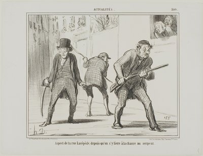 Ansicht der Rue Lacépède während der Jagd auf eine Schlange, Platte 500 aus Actualités von Honoré Victorin Daumier