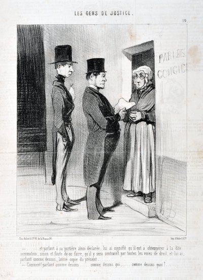 Werk von Honore Daumier (1808-1879). Charivari stammt aus dem Jahr 1845: Serie LES PEANS DE JUSTICE -... und sprach an seiner Tür so erklärte, hat ihm bedeutet, dass er der genannten Vorladung gehorchen musste, andernfalls und im Falle des Versäumnisses, d von Honoré Daumier