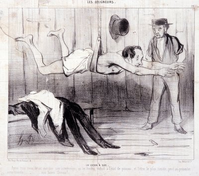 Karikatur über Touristen im Urlaub. Serie „Les Baigneurs“: „Die Lektion eines Trockenen“. Gravur von Honoré Daumier (1808-1879). Auszug aus der Zeitung „Le Charivari“. von Honoré Daumier