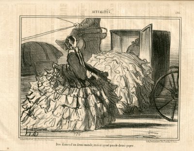 Le Charivari, Satirique en N & B, ca. 1855: Nachrichten Nr. 190. Damen einer Halbwelt, aber keine Röcke. - Mode, Transport, Krinolinen - Frauen Illustration von Honore Daumier (1808-1879) von Honoré Daumier