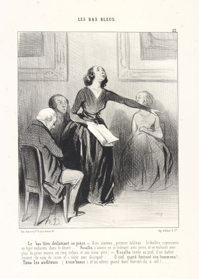 Die Blaustrümpfin trägt ihr Stück vor, Tafel 22 aus der Serie „Die Blaustrümpfe“ aus der Zeitschrift Le Charivari von Honoré Daumier