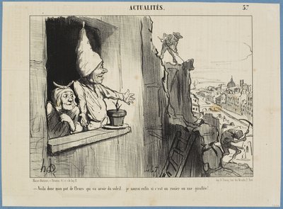 Jetzt bekommt mein Blumentopf etwas Sonne... Endlich werde ich wissen, ob es eine Rose oder eine Levkoje ist! von Honoré Daumier