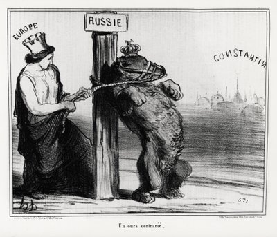 Russland: ein verärgerter Bär (von Europa). Im März 1854 bildeten Frankreich und England eine Allianz mit der Türkei gegen Russland. Illustration von Honore Daumier (1808-1879), veröffentlicht in den Nachrichten, „Charivari“ von Honoré Daumier