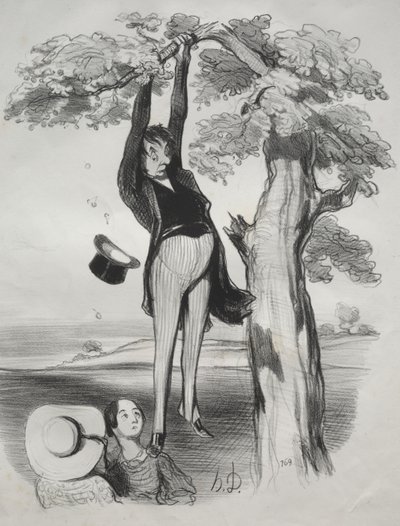 Die Gefahren, einen Pflaumenbaum zu heftig zu schütteln (wenn man ein erwachsener Mann ist) von Honoré Daumier