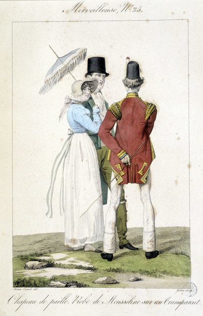 Modegravur von Horace Vernet (1789 - 1863) um 1810 für die Nummer 25 eines „Marvelous“, Darstellung der Damenmode (Strohhut und Chiffonkleid) und der Herrenmode von Emile Jean Horace Vernet