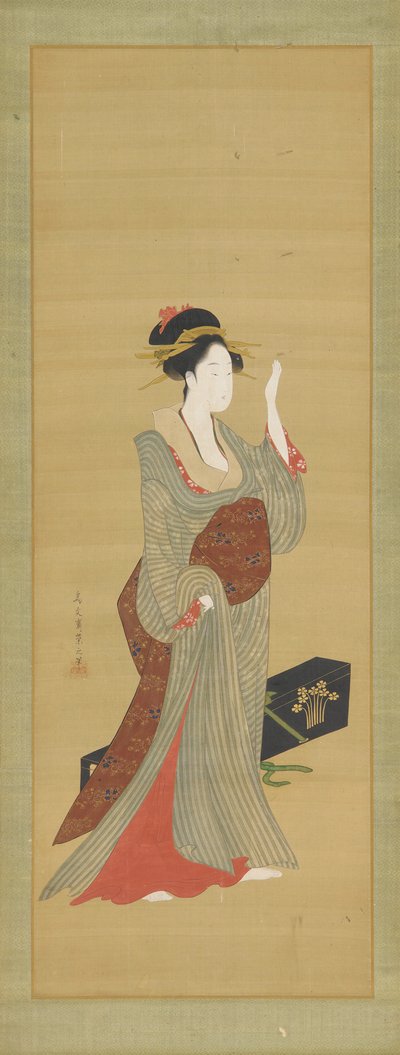 Eine Geisha, die eine Schildpatt-Haarnadel anpasst, späte 18. Jahrhundert von Hosoda Eishi
