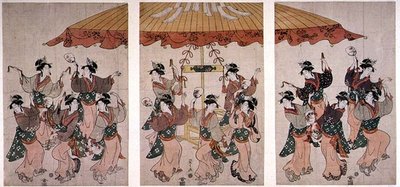 Der Sumiyoshi-Tanz, Triptychon, ca. 1791 von Hosoda Eishi