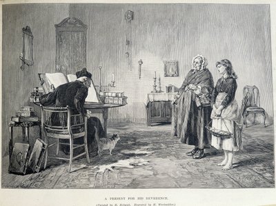 Zwei irische Frauen bringen einem Geistlichen ein Geschenk. Gravur von H. Werdmuller nach dem Gemälde von H. Helmick im 19. Jahrhundert von Howard Helmick