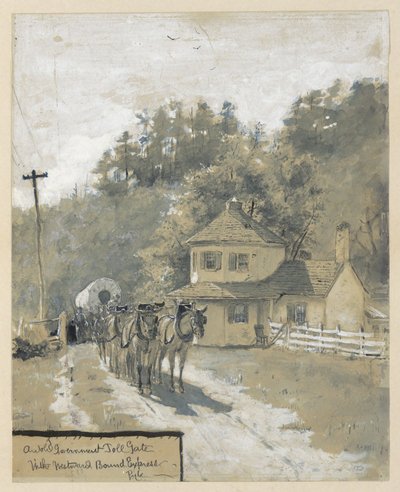 Ein altes Regierungsmauttor mit westwärts gebundenem Express, Zeichnung einer Illustration für den Artikel "The Old National Pike," von William Henry Rideing von Howard Pyle