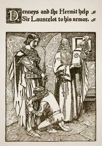 Denneys und der Einsiedler helfen Sir Launcelot bei seiner Rüstung, Illustration aus 