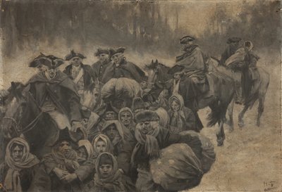 Fünf rot gekleidete Soldaten zu Pferd, mit einem weiteren bis zu den Augen verhüllten...um diese scharen sich ein buntes Dutzend armer Leute, jung und alt von Howard Pyle